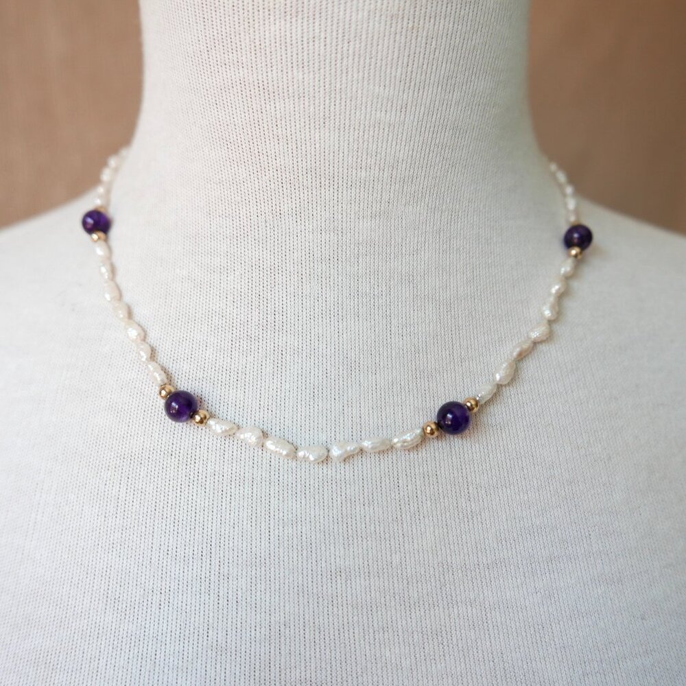 Vintage Pearl & Amethyst Necklace with 14K Gold Clasp